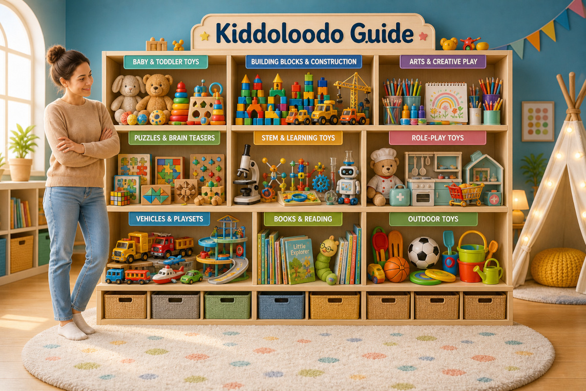 Organized toy shelves for the Kiddoloodo guide