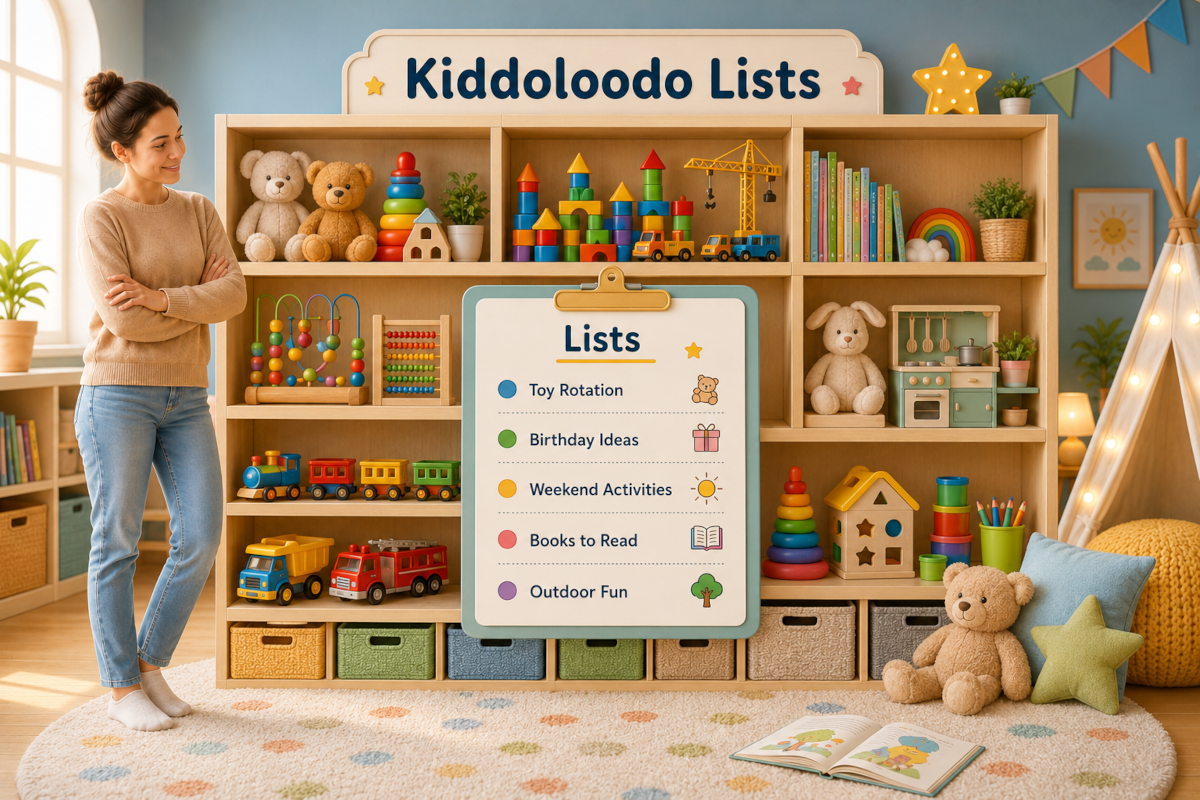 Organized kids toy and activity lists in a cheerful playroom