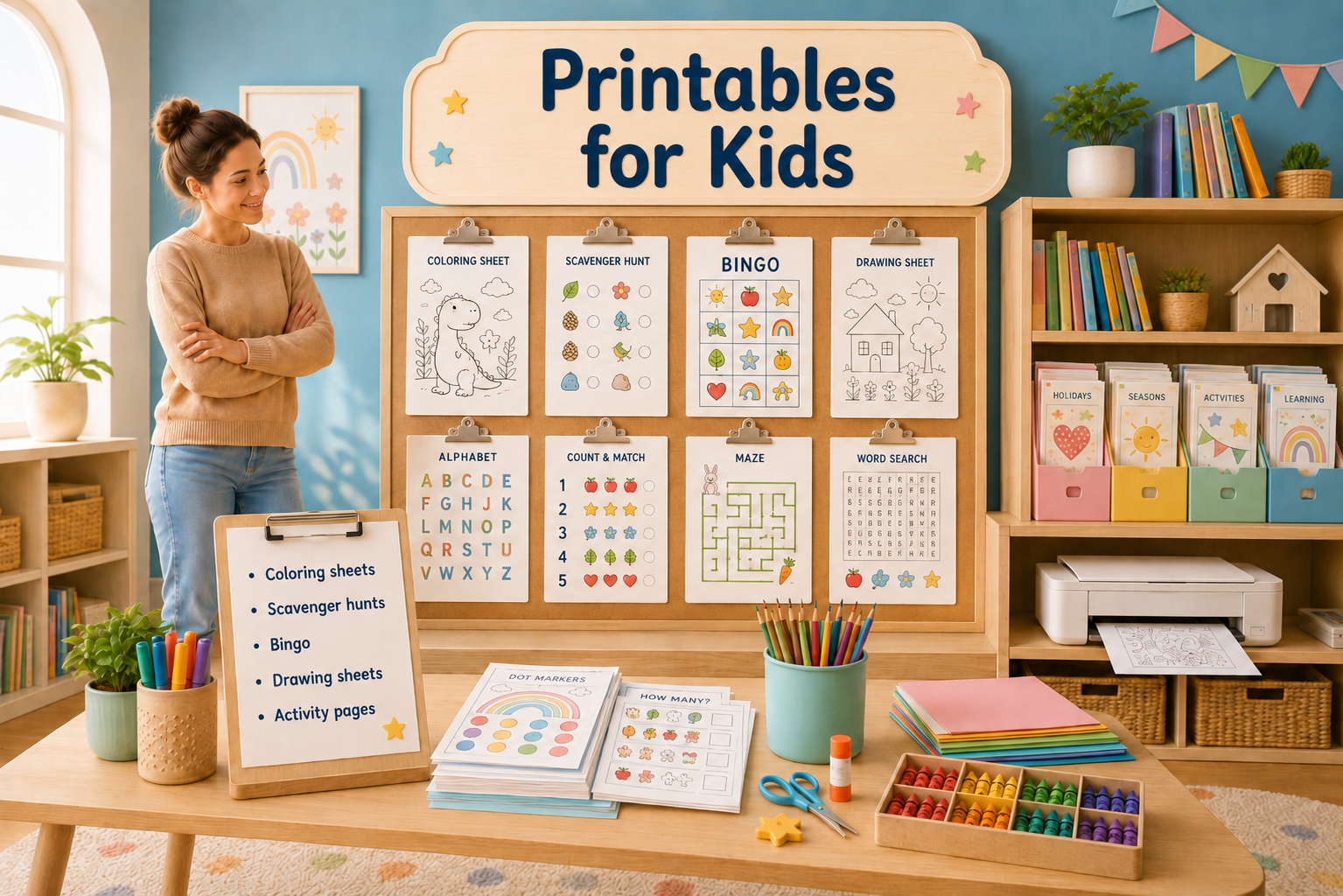 Printable activities for kids in a bright creative space