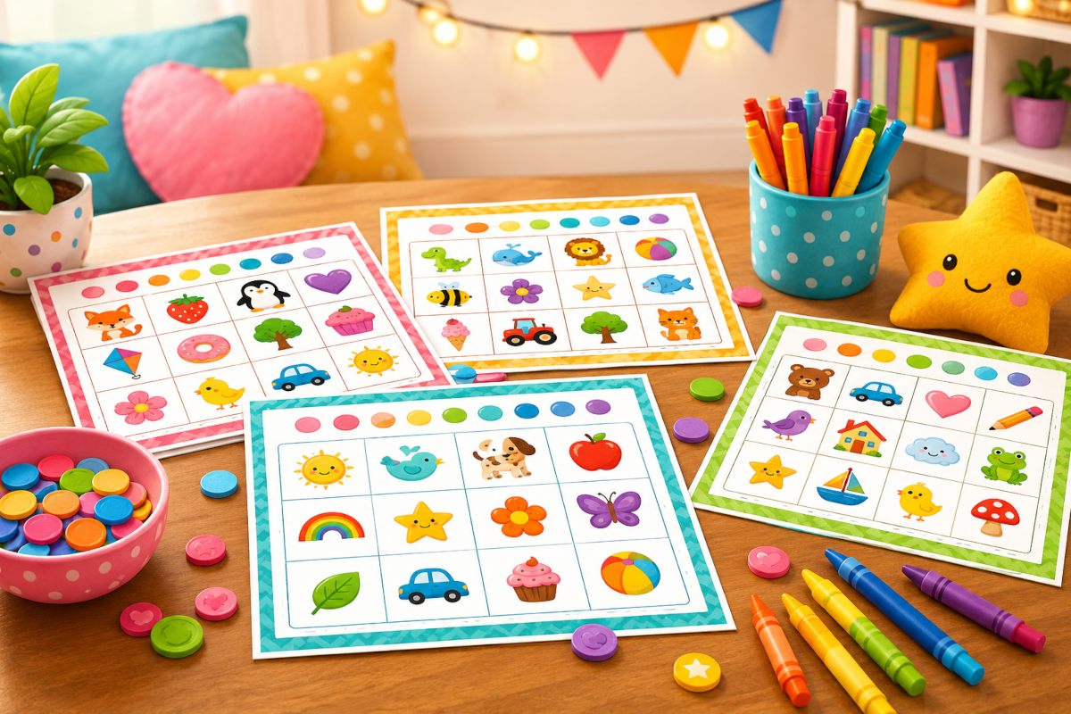 Bingo printables for kids with colorful activity sheets, simple game cards and printable family play ideas