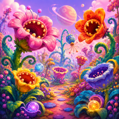 Hungry Bloom Planet coloring pages with huge colorful alien flowers