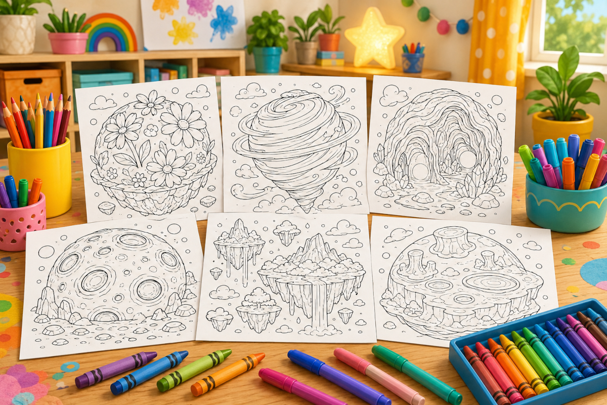 Coloring pages for kids with alien planets, space adventure scenes, strange creatures and printable activity pages