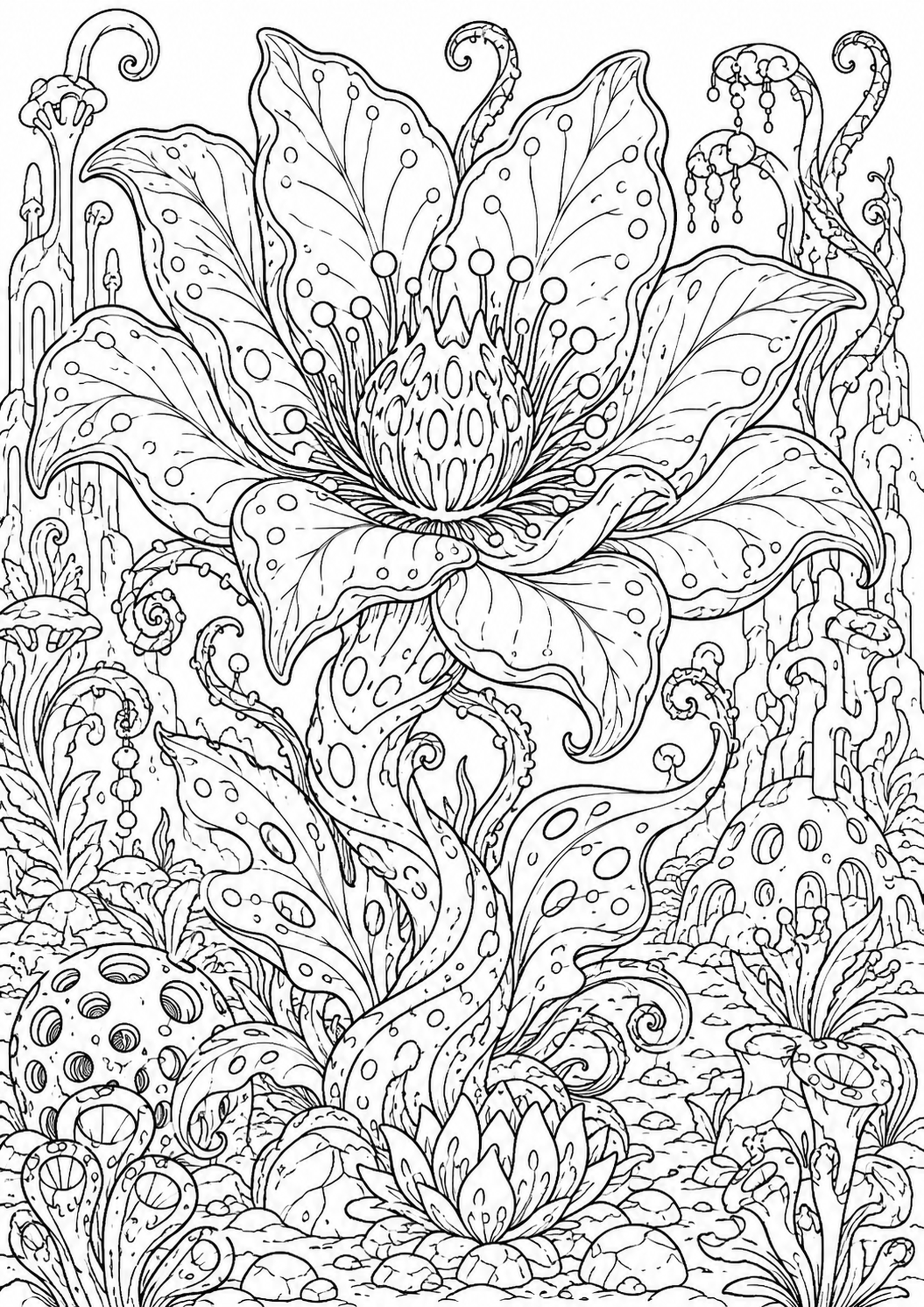 Giant Alien Flower coloring page with huge alien flowers, curling stems and strange plants