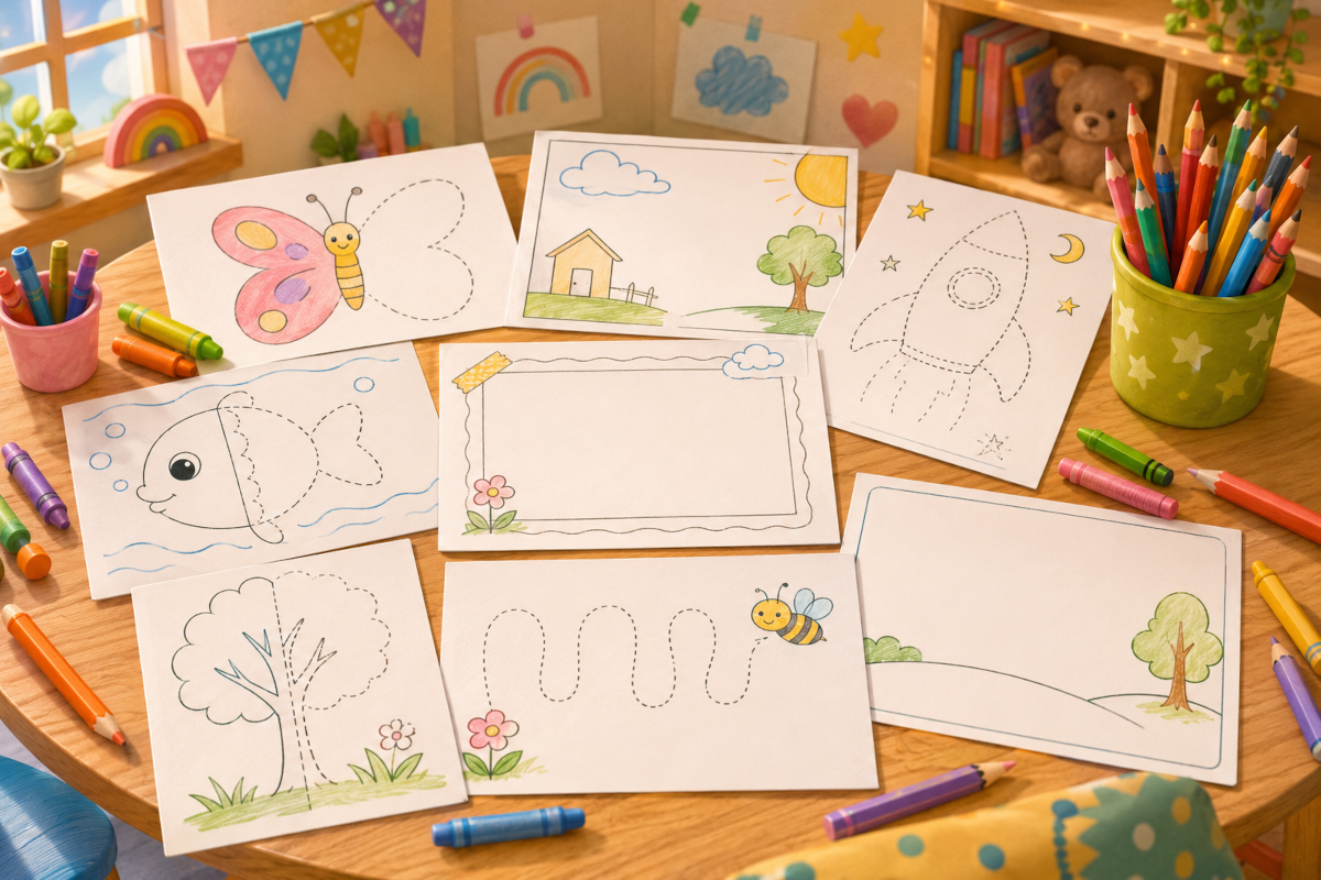 Drawing sheets for kids with printable activity pages, pencils, crayons and simple creative play ideas