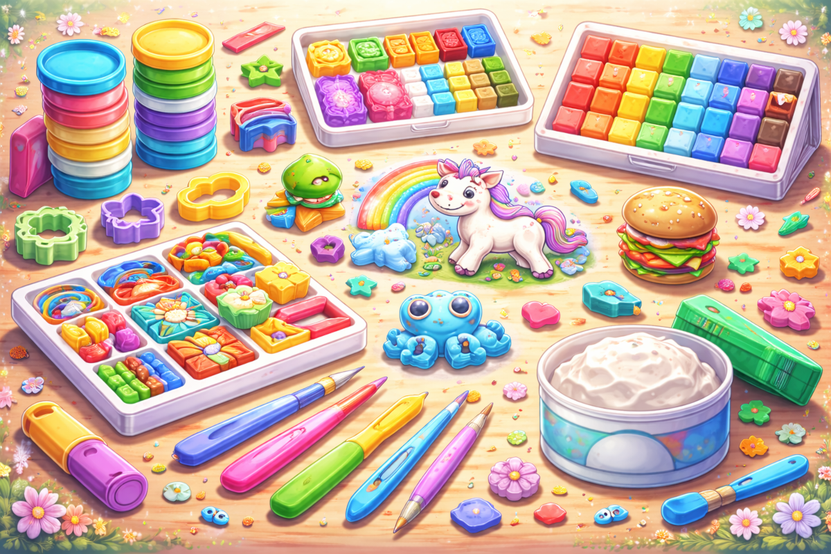 Kids clay and modeling materials including air-dry clay, play dough, polymer clay, sculpting tools and shaped creations