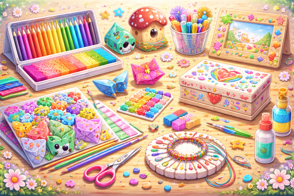 Kids craft and DIY project kits including paper crafts, origami, friendship bracelet materials and build-and-decorate activities