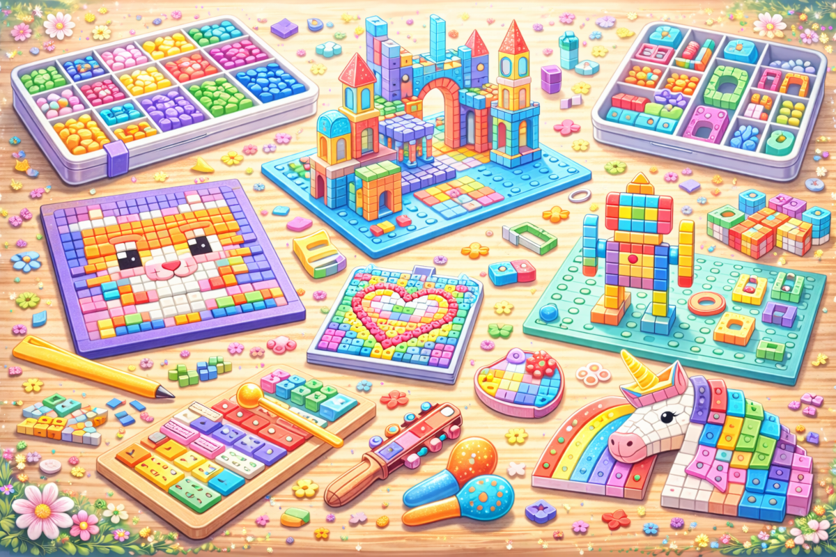 Kids creative building and design sets including mosaic art kits, tile art sets, design boards and decorative construction materials
