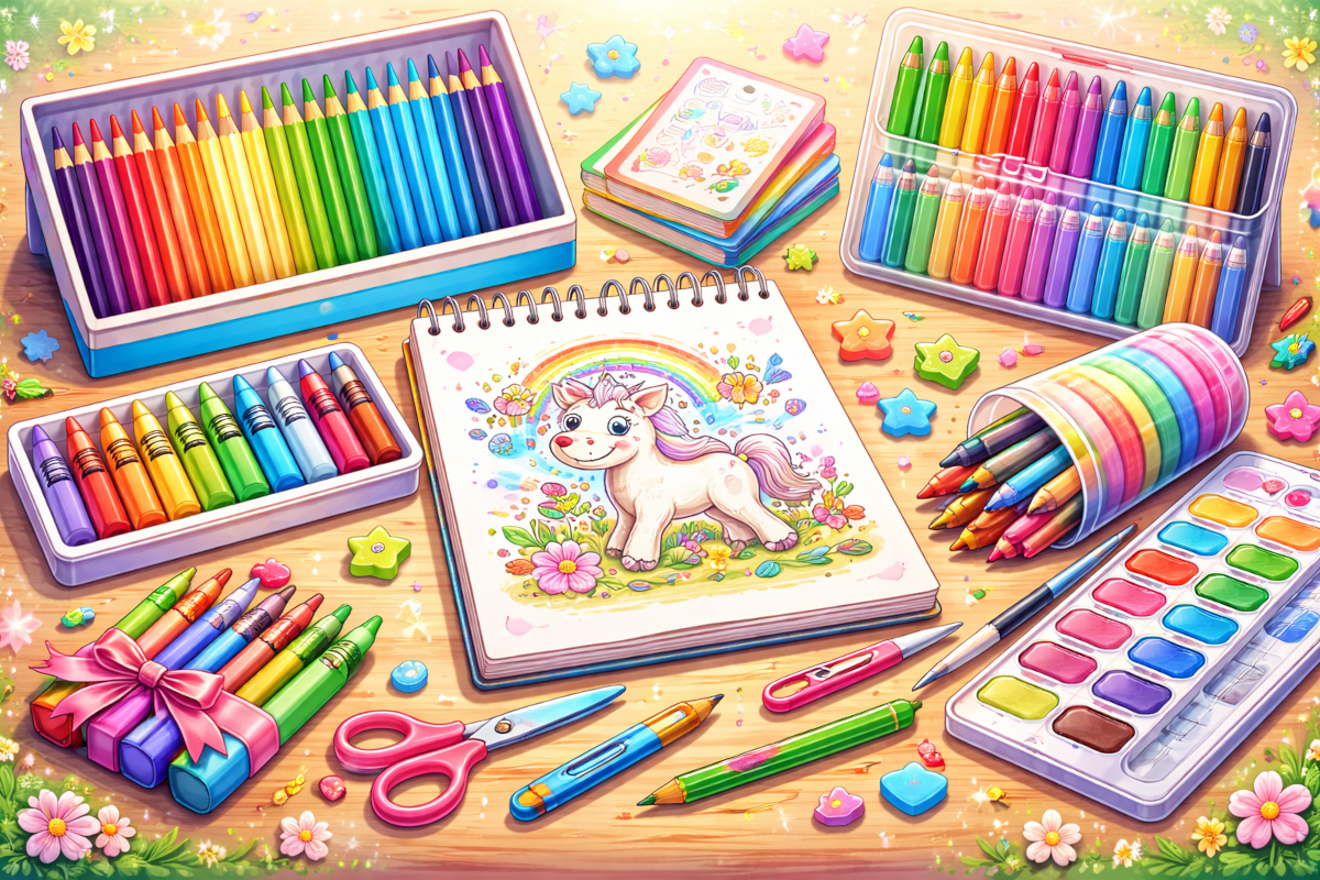 Kids drawing and coloring supplies including colored pencils, washable markers, crayons, coloring books and sketch pads