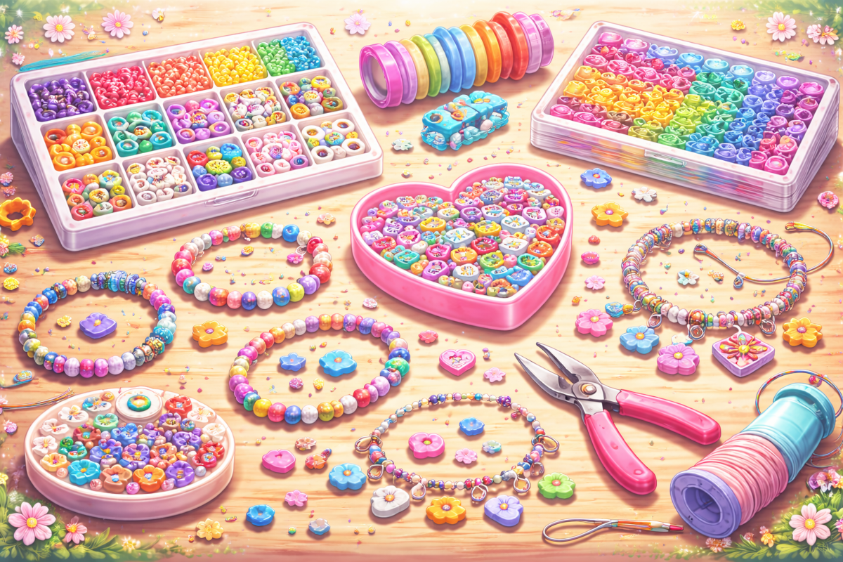 Kids jewelry making kits including beads, charm bracelets, DIY necklace materials and loom band sets