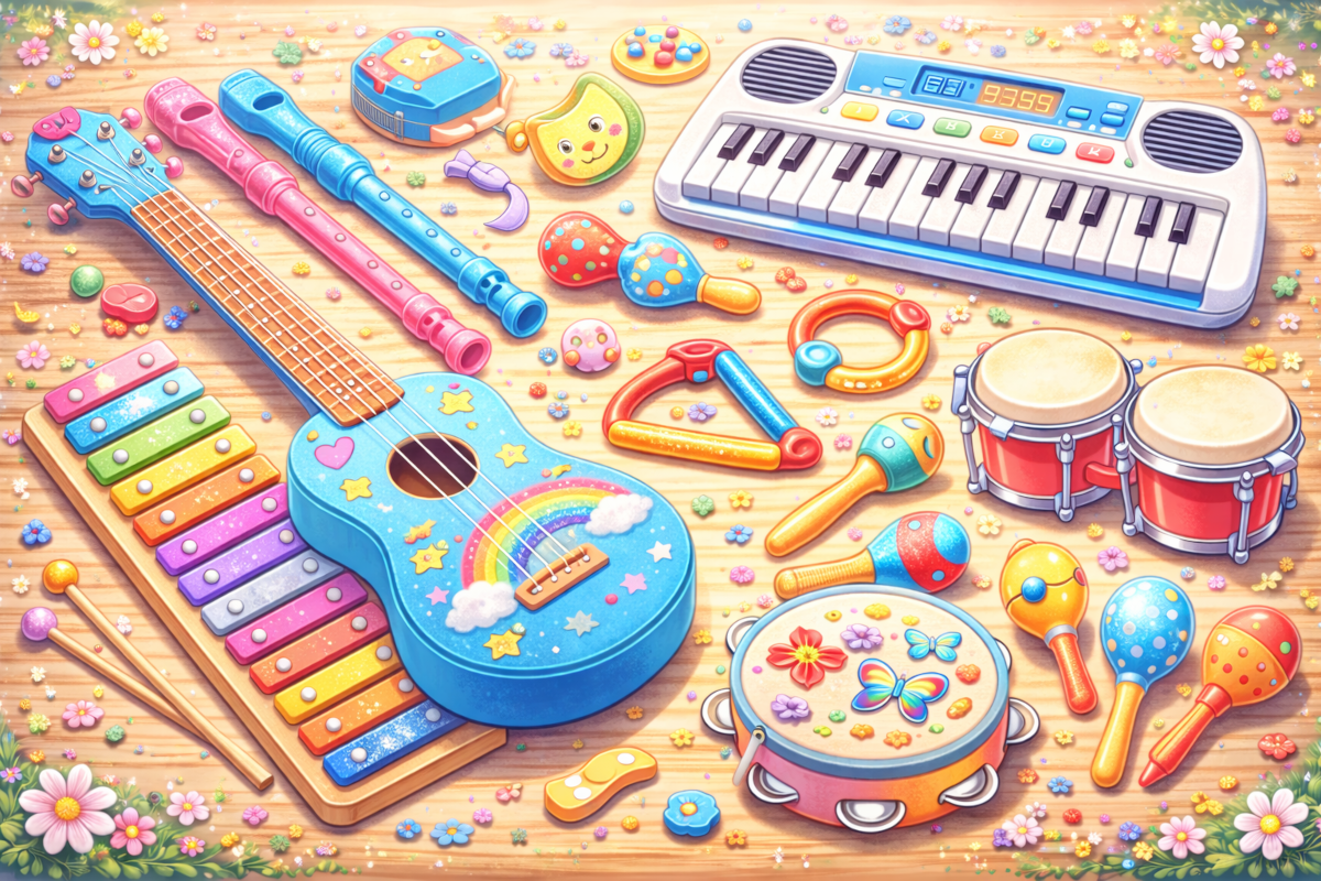 Kids music and beginner instruments including recorder flutes, beginner keyboards, ukuleles, percussion sets and rhythm instruments