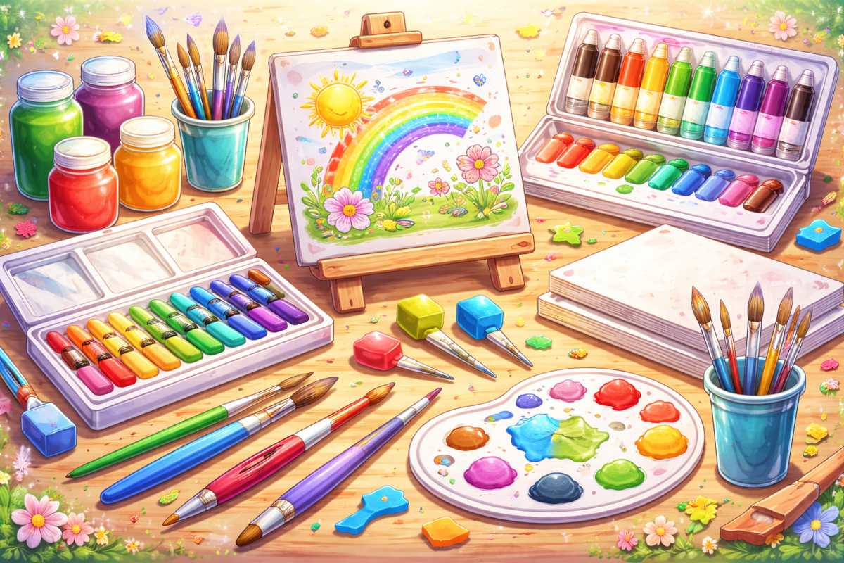 Kids painting supplies including watercolor sets, paint brushes, finger paints, tabletop easels and canvas panels