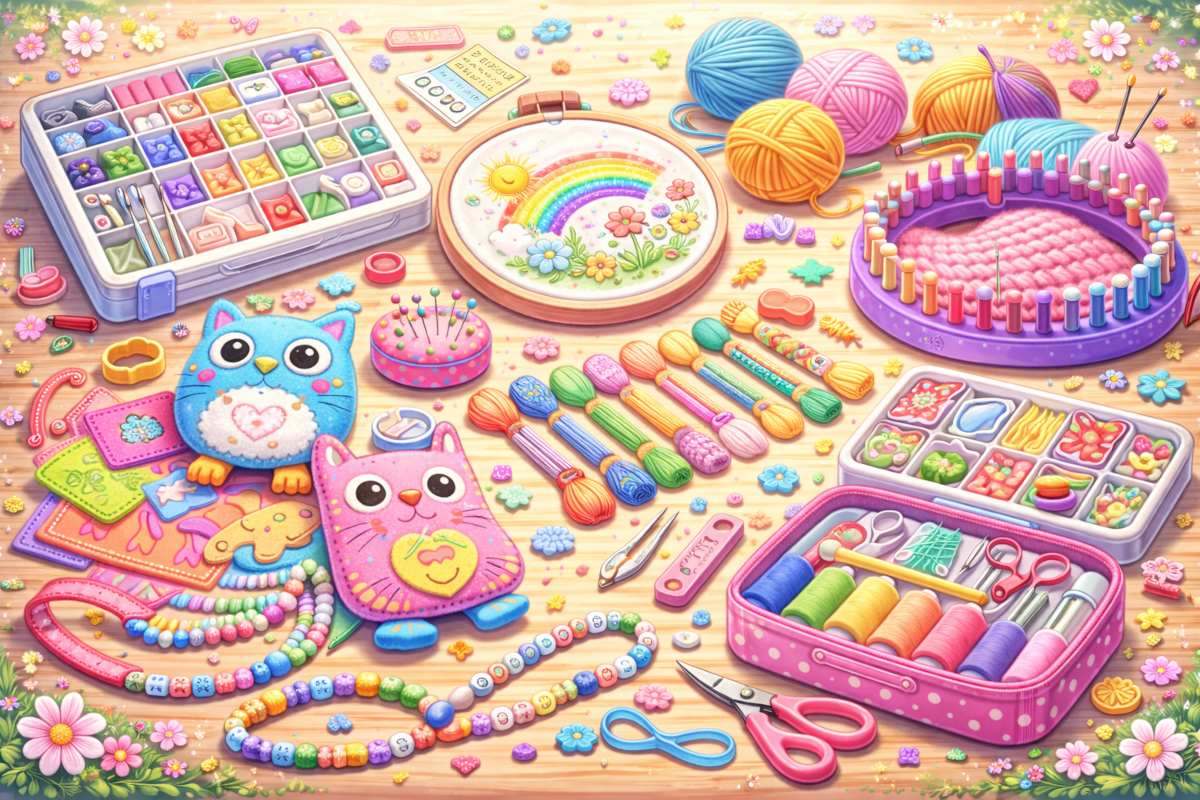 Kids sewing, knitting and textile craft supplies including felt shapes, yarn, knitting looms, embroidery hoops and beginner sewing materials