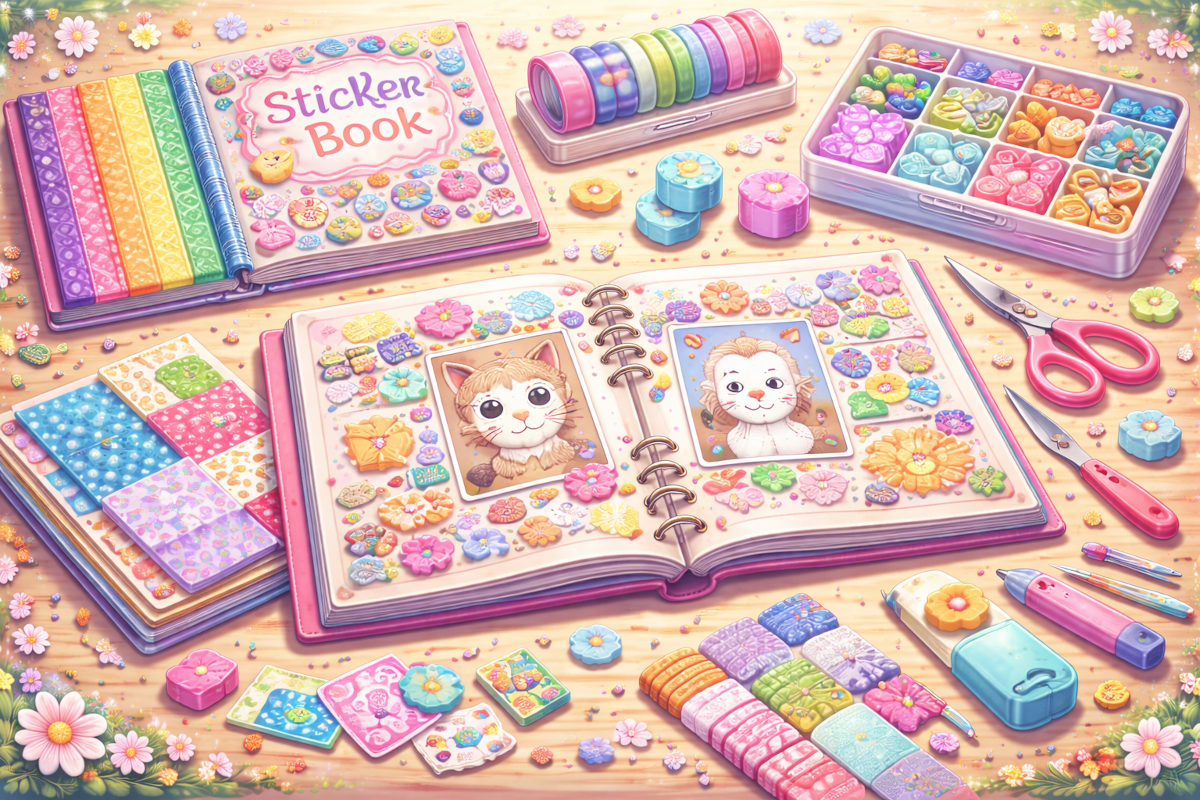 Kids sticker, scrapbooking and paper craft supplies including sticker books, decorative paper, washi tape and scrapbook materials