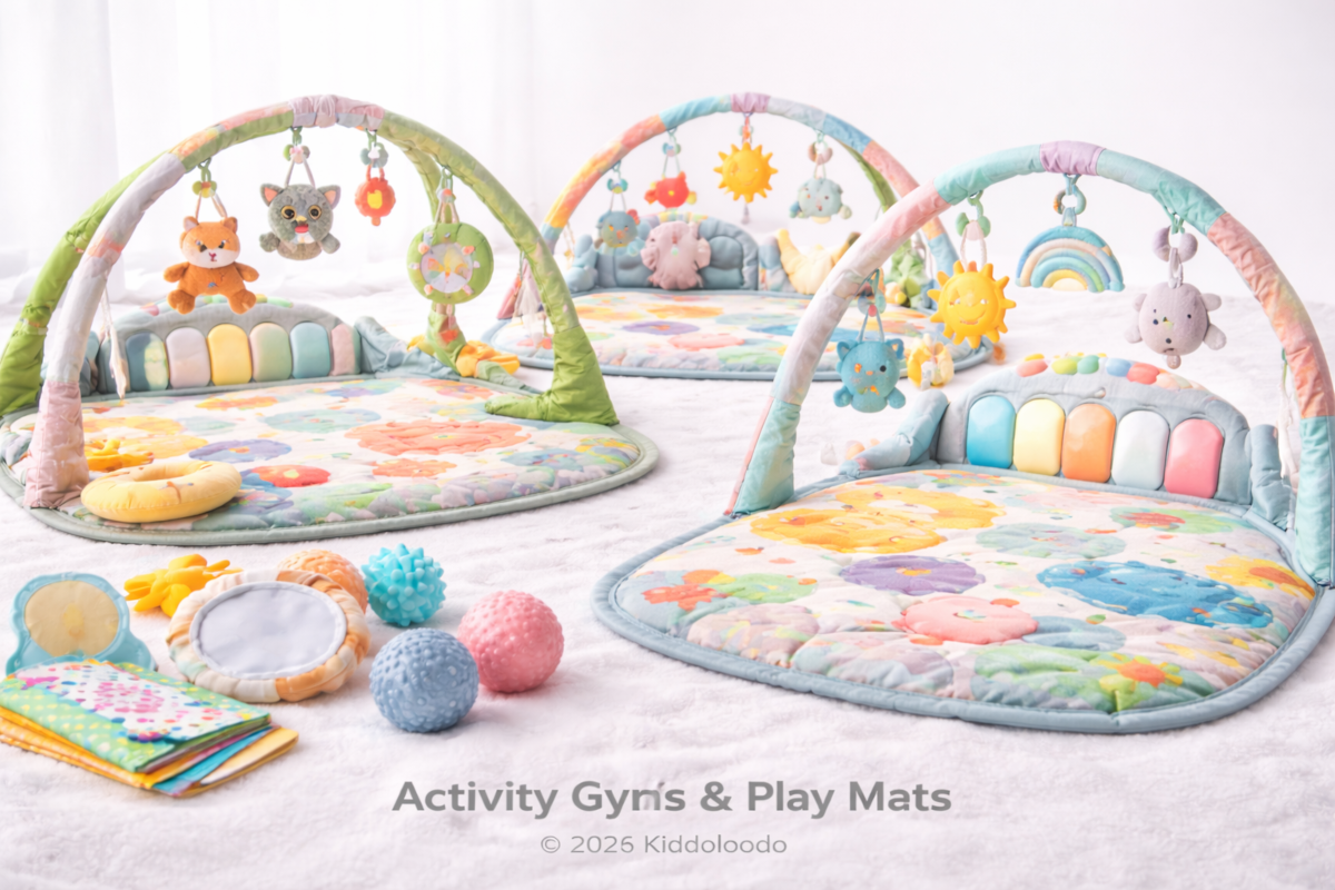 Baby activity gyms and play mats with hanging toys, tummy-time features, activity arches and kick-and-play pianos