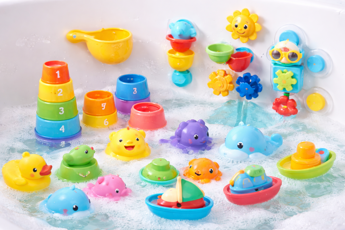 Bath toys for babies and toddlers including floating animals, stacking bath cups, bath squirters, suction cup toys and water wheels