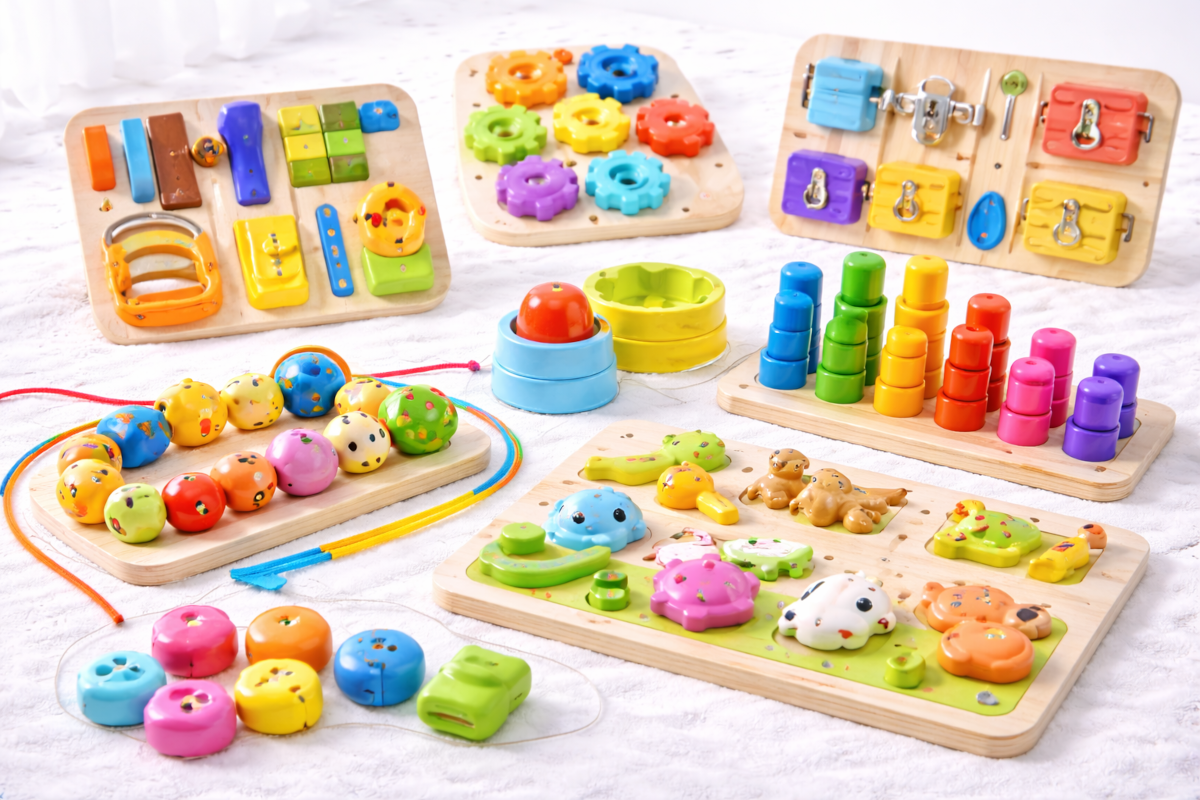 Fine motor activity toys for babies and toddlers including lacing beads, chunky threading sets, peg boards, spinning gears, busy boards and knob puzzles