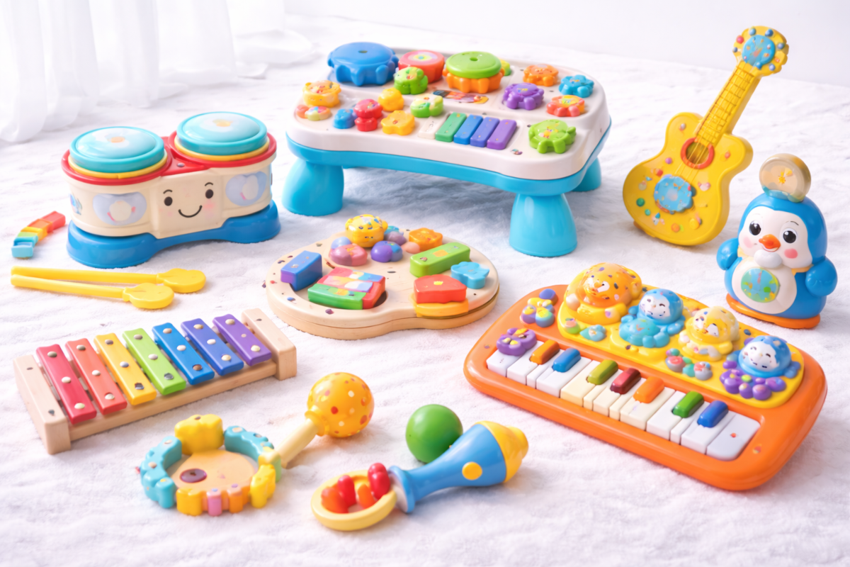 Toddler musical toys including baby drums, colorful xylophones, light-up keyboards and interactive musical tables