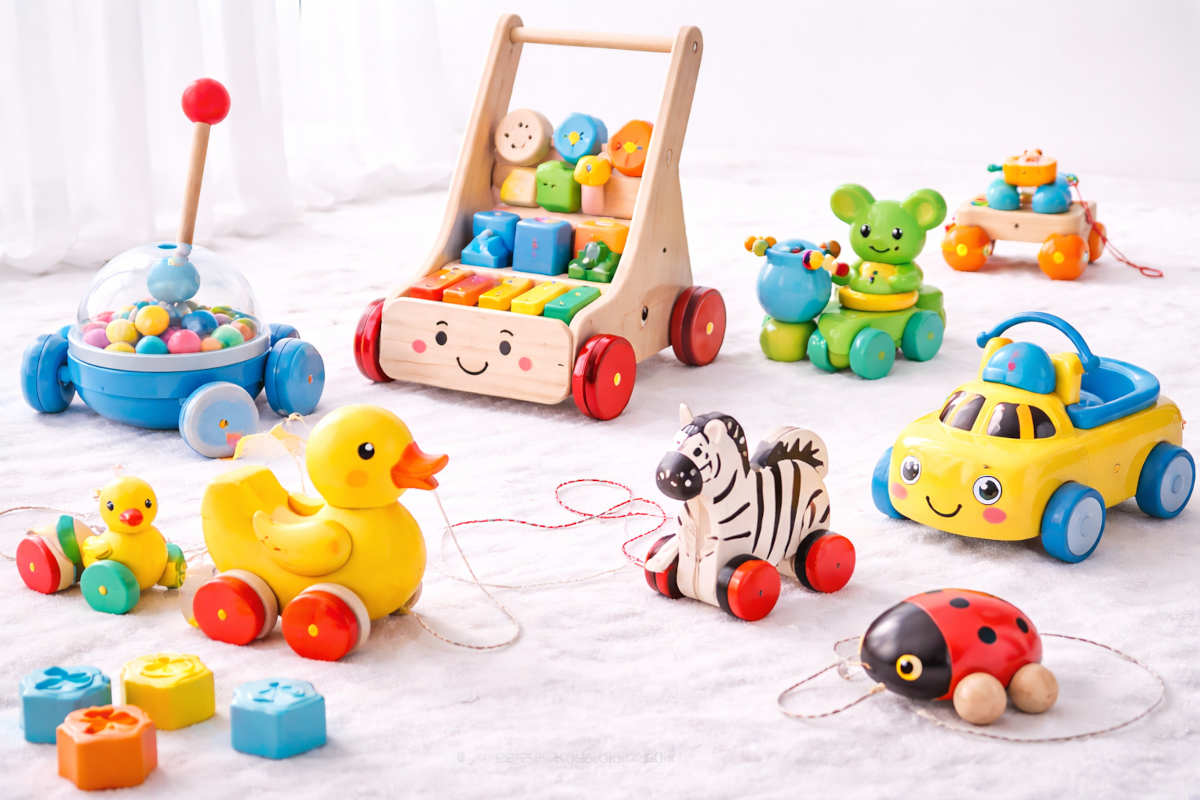 Baby push and pull toys including wooden pull animals, push walkers, rolling popper toys and pull-along cars