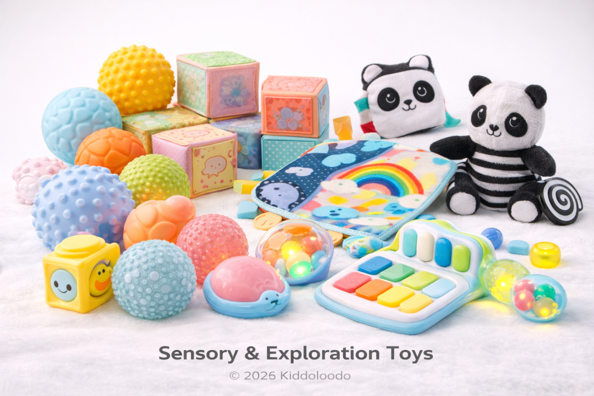 Baby sensory toys including textured balls, crinkle toys, sensory cubes, high-contrast toys and light-up exploration toys