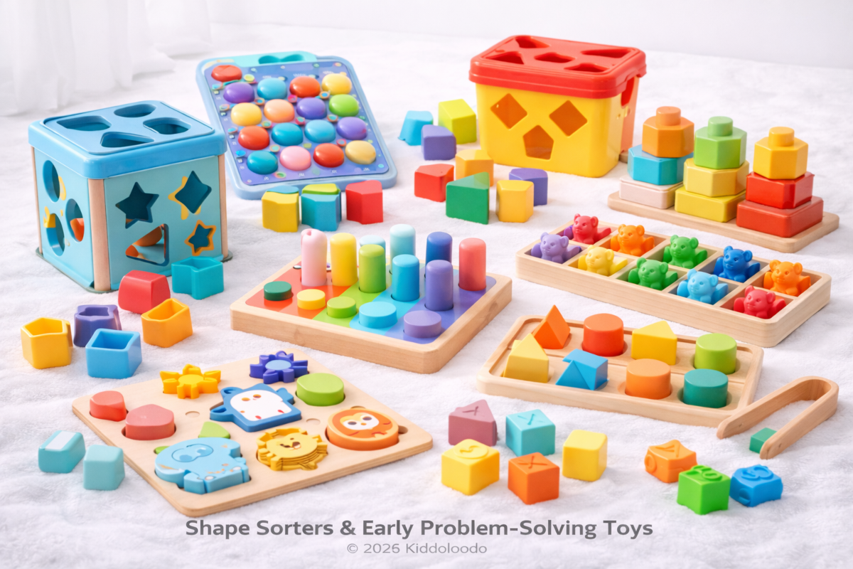 Baby shape sorters and early problem-solving toys including sorting cubes, peg boards, chunky puzzle boards and color sorting sets