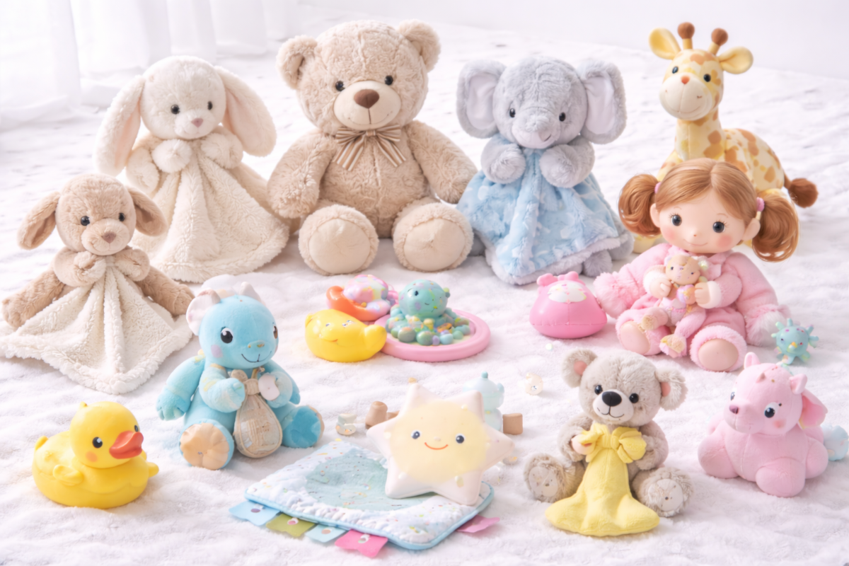 Soft plush toys for babies and toddlers including stuffed animals, comfort blankets, loveys, soft dolls and bedtime plush companions
