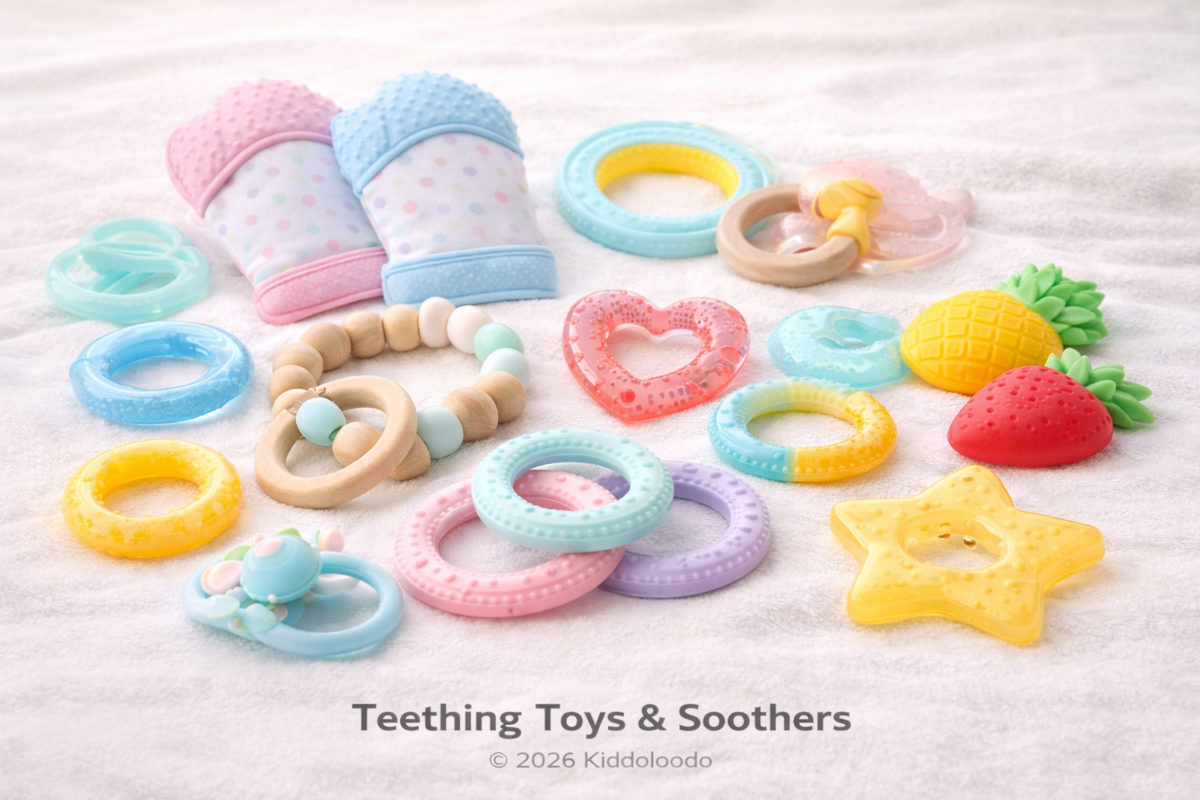 Baby teething toys including silicone teething rings, wooden teether beads, cooling teethers and textured chew toys