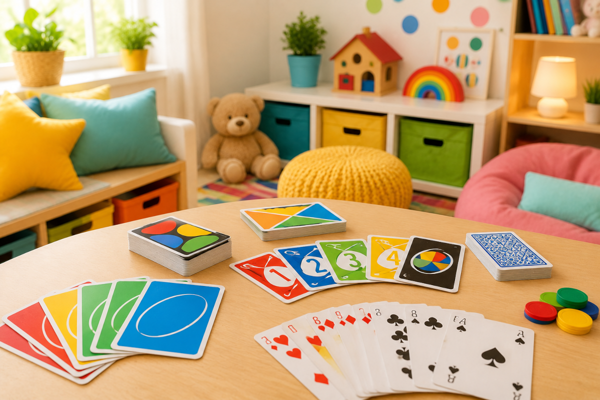 Non-collectible card games for kids and families with colorful cards, standard playing cards and portable family game pieces