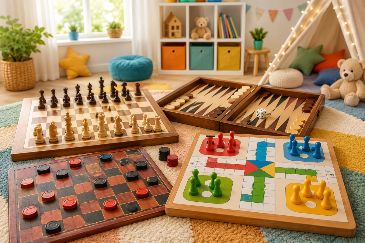Classic board games for kids and families with chess, checkers, backgammon pieces and ludo-style tabletop games