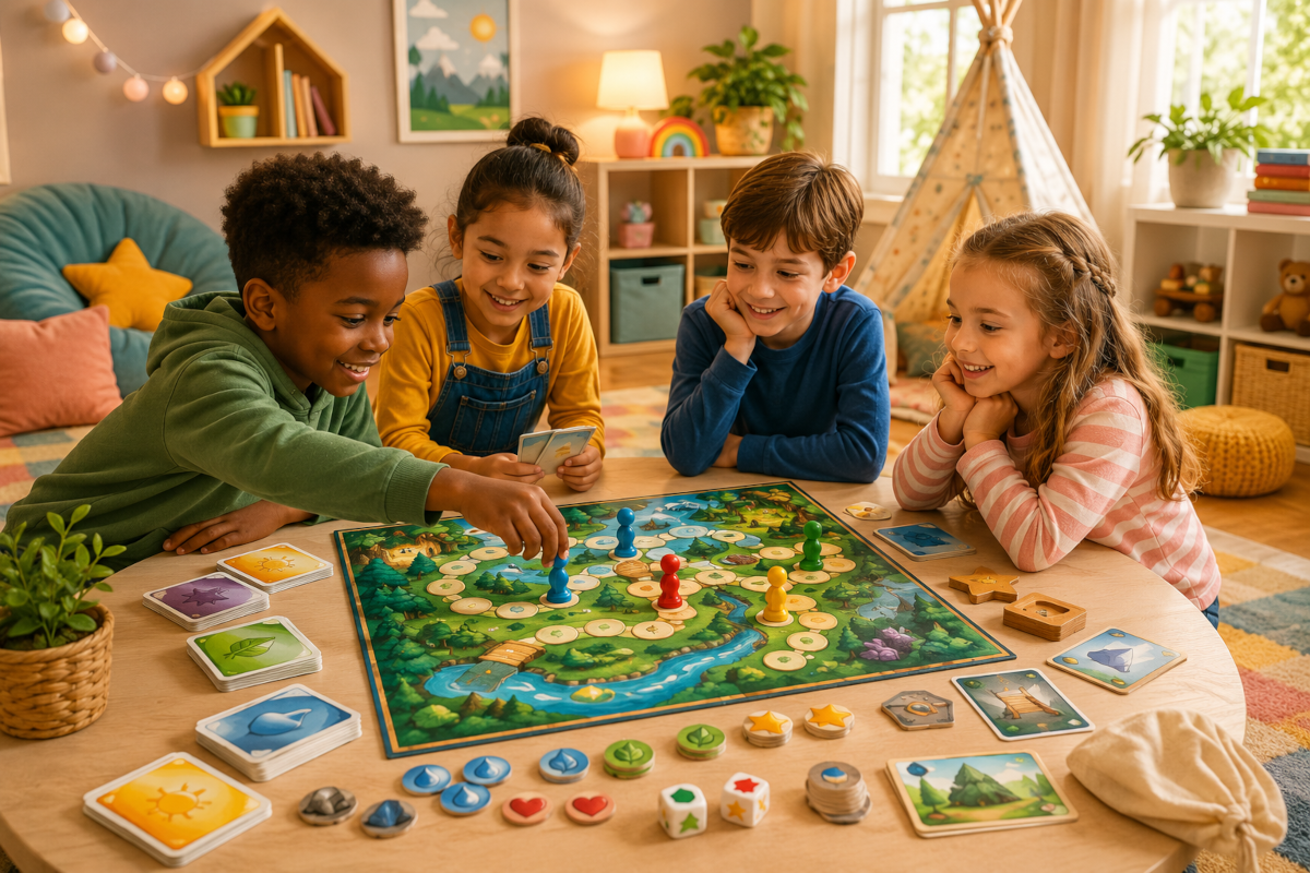Cooperative board games for kids and families with colorful boards, cards, tokens and shared mission-style play