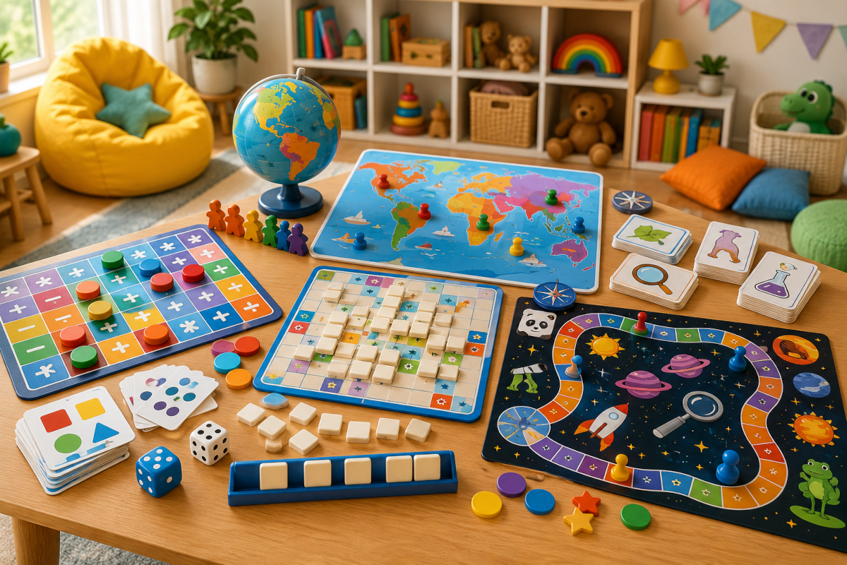 Educational board games for kids with math games, spelling games, geography quiz cards and science trivia pieces
