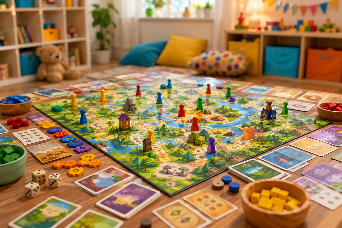 Family board games for kids and adults with colorful boards, cards, tokens, dice and shared tabletop play