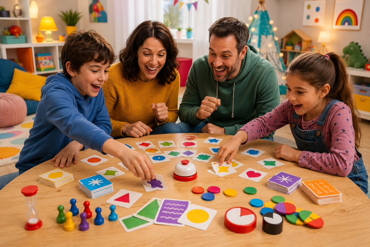 Fast-paced reaction games for kids and families with colorful cards, buzzers, slap cards, timers and quick-response game pieces