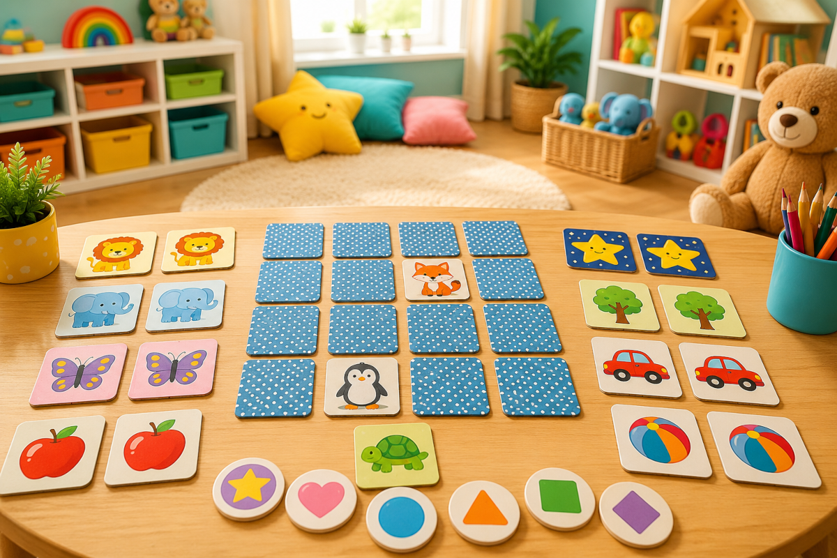 Memory and matching games for kids with picture matching cards, flip-and-find cards and concentration game pieces