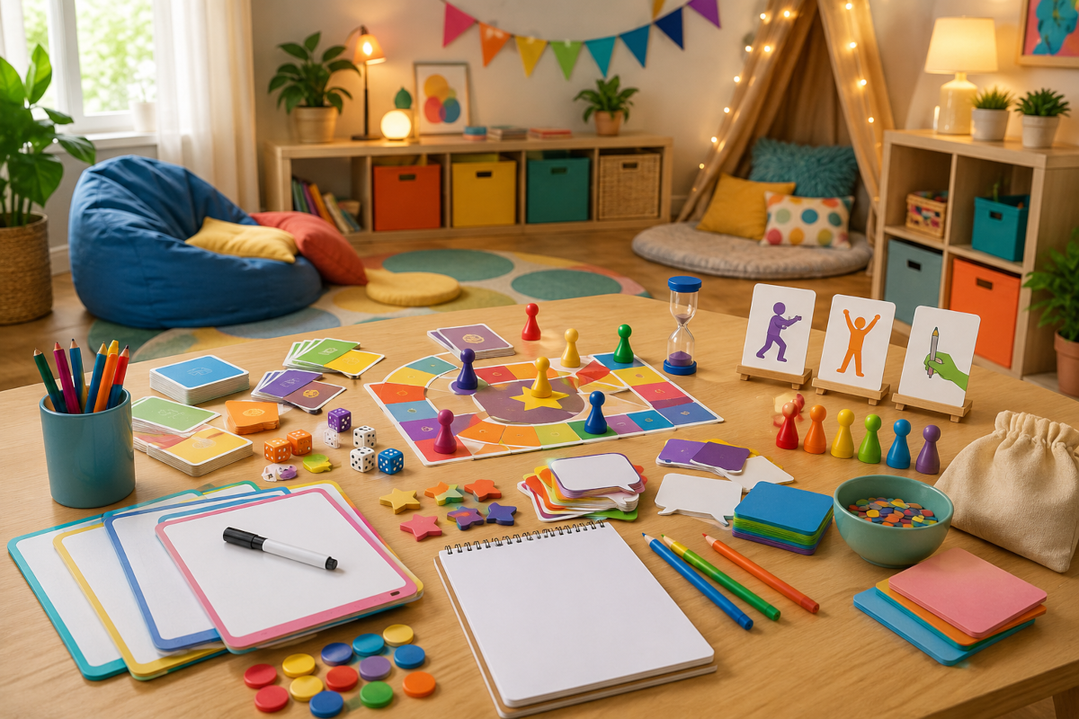 Party and social games for kids and families with drawing boards, guessing cards, word cards, timers and group game pieces