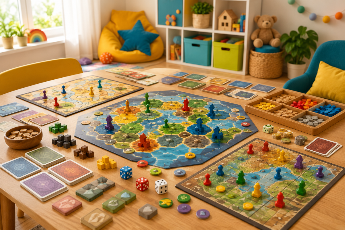 Strategy board games for kids and families with colorful boards, cards, tokens, tiles and tactical tabletop play