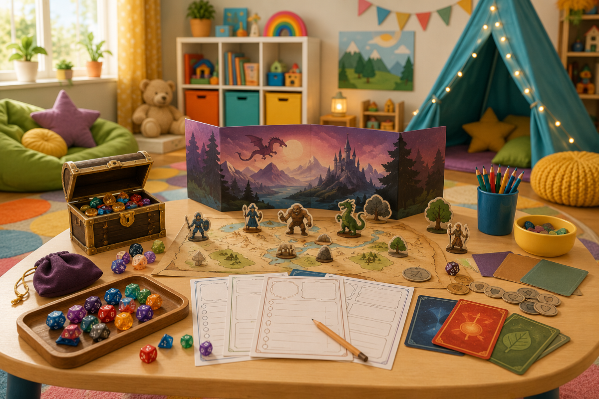 Tabletop role-playing games for kids and families with dice, character sheets, fantasy maps, tokens and storytelling game materials