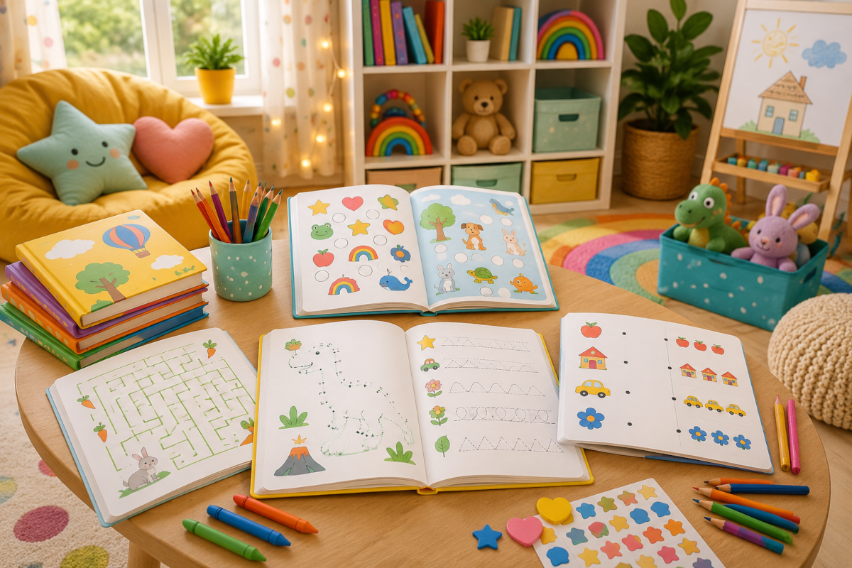 Activity and workbook books for kids with sticker activity books, puzzle books, handwriting workbooks and dot-to-dot books
