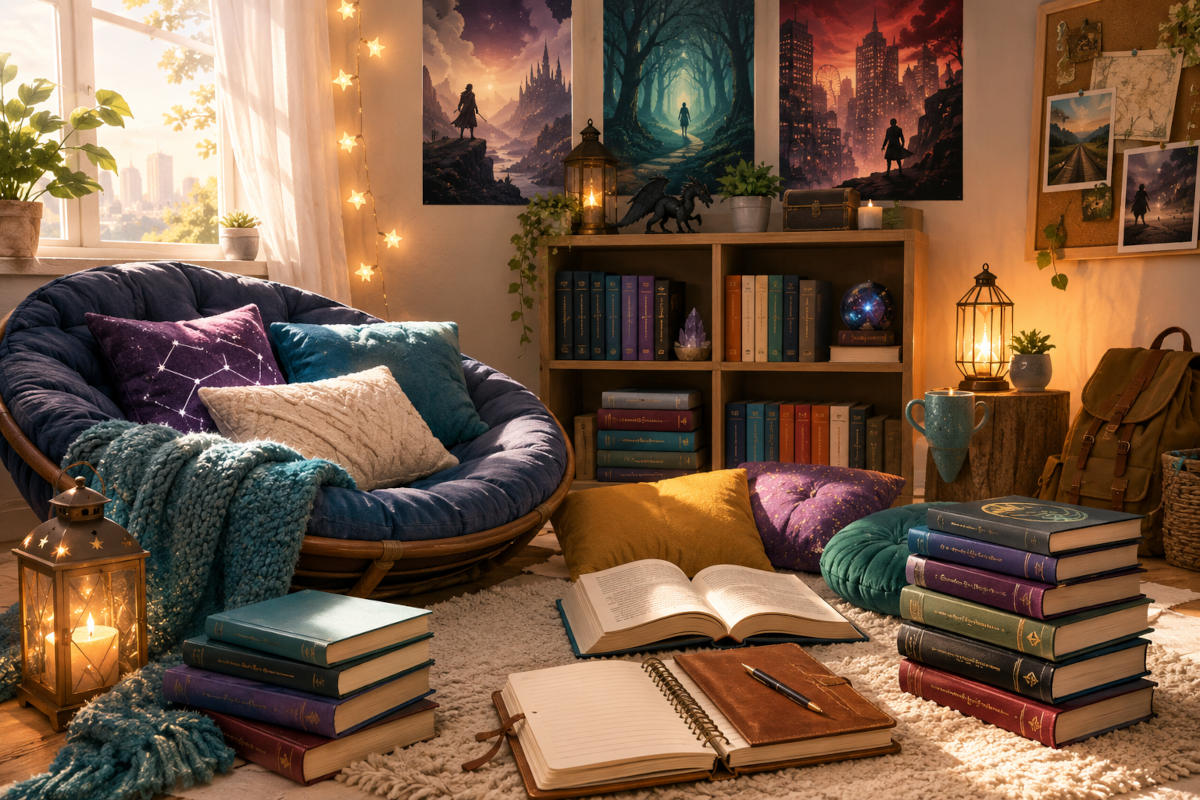 Young adult fiction books for teens with fantasy novels, coming-of-age stories and dystopian fiction in a cozy reading space