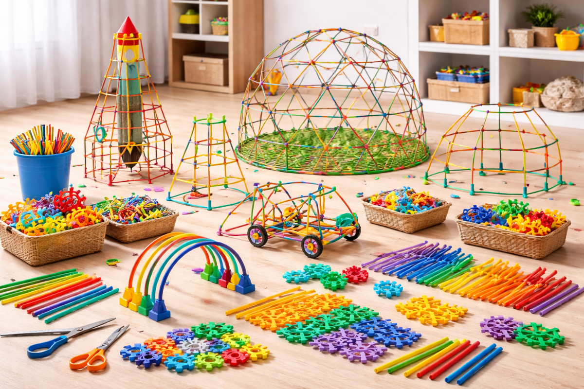 Creative construction and open-ended building sets including connector stick systems, straw builders, and flexible construction rods