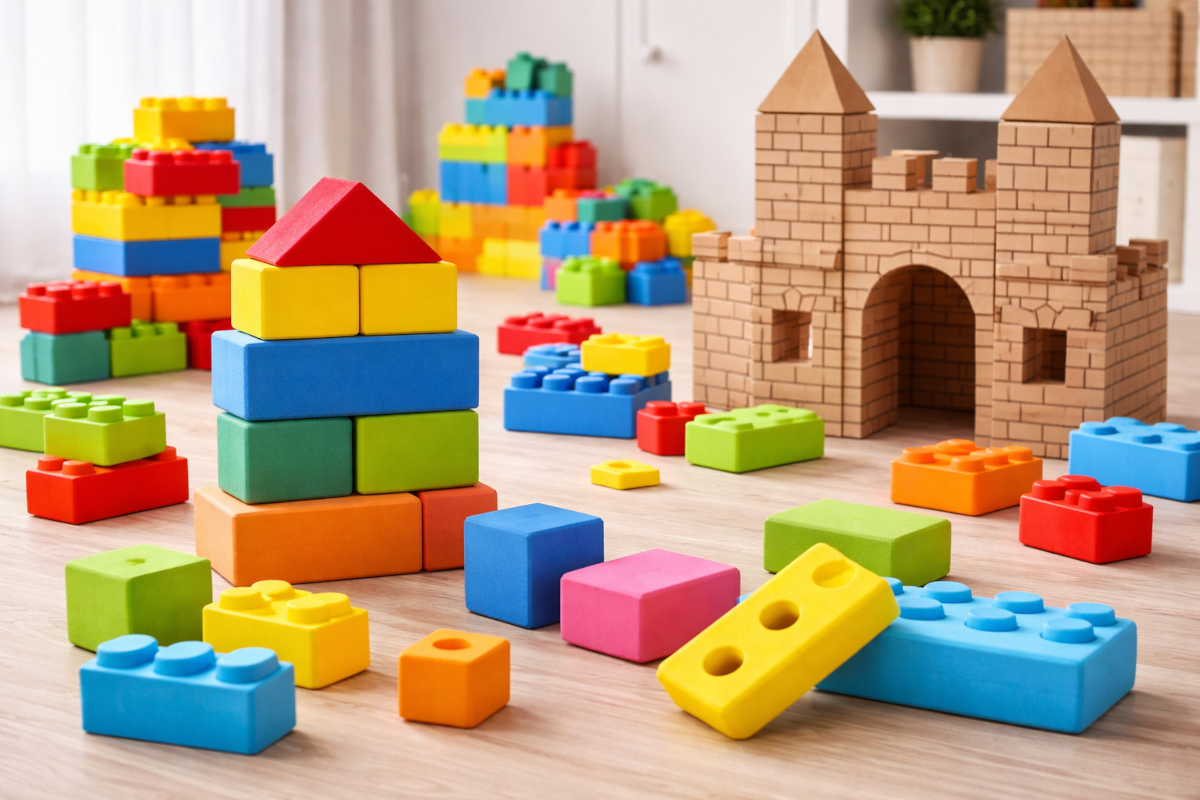 Large-scale toddler construction blocks including jumbo foam blocks, oversized plastic bricks, toddler stacking blocks, and giant cardboard building pieces