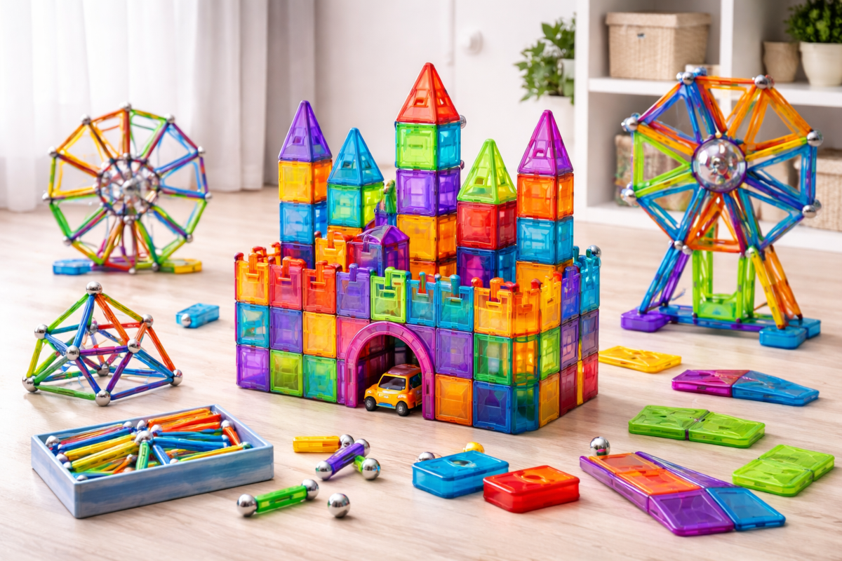 Children’s magnetic building systems including magnetic tiles, magnetic rods and balls, and magnetic shape panels