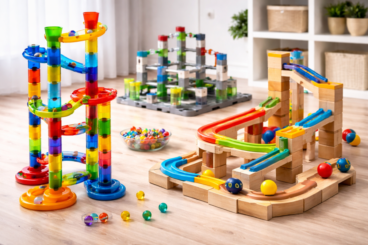 Children’s marble runs and ball track systems including plastic marble runs, wooden ball tracks, and modular race track builds