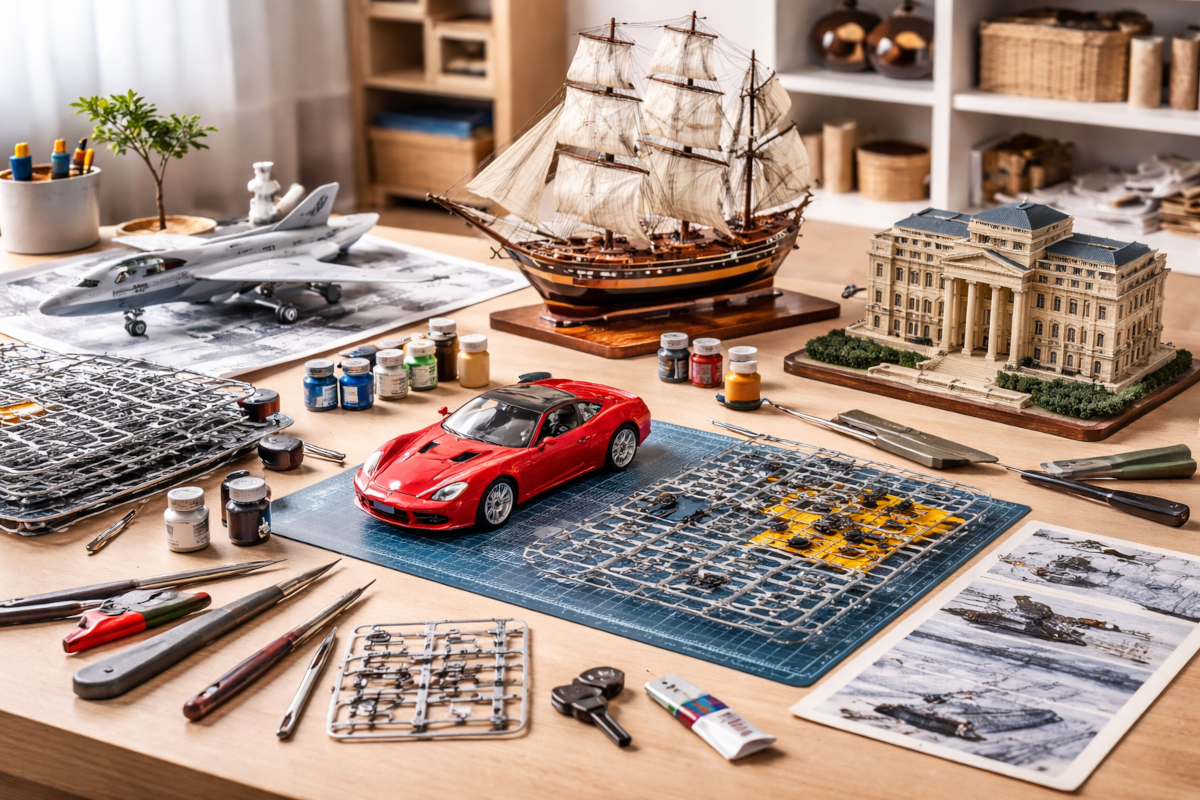 Model kits and scale models including car model kits, airplane model kits, ship models, and architectural scale models