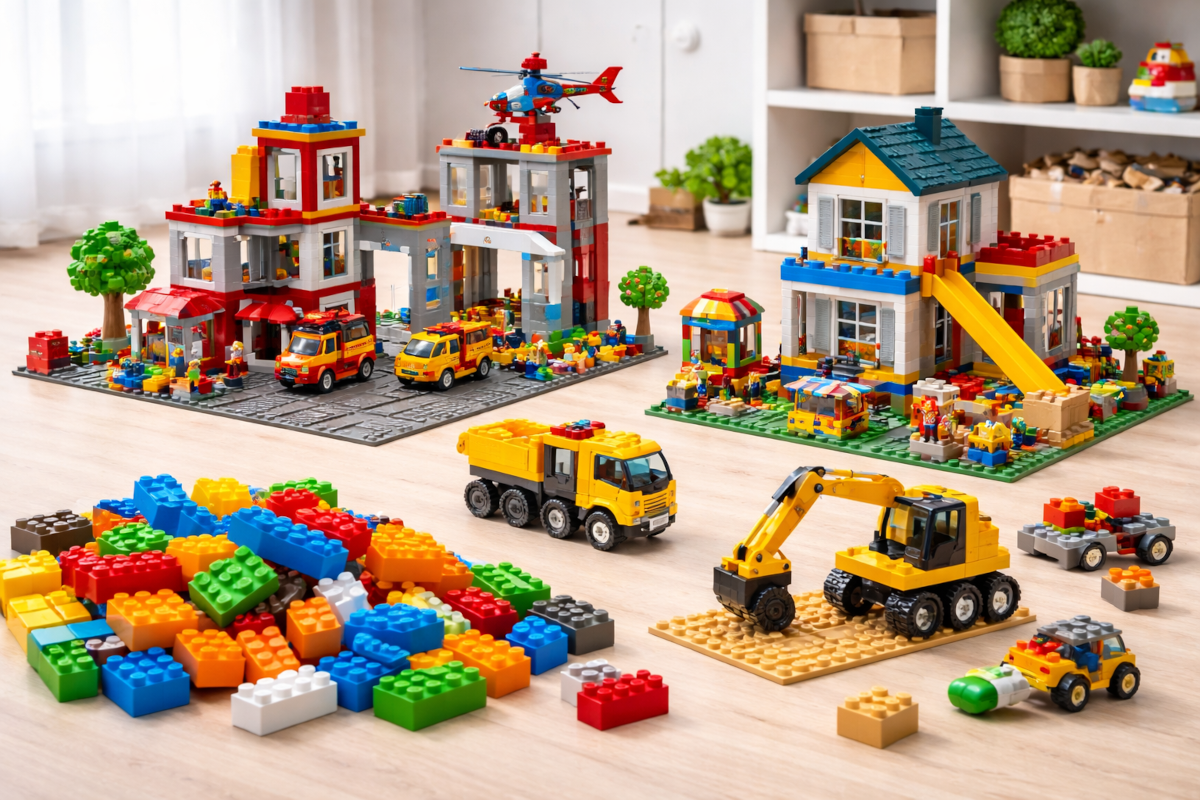 Children’s modular interlocking building systems including LEGO-style brick systems, themed construction sets, city-building kits, and vehicle build sets