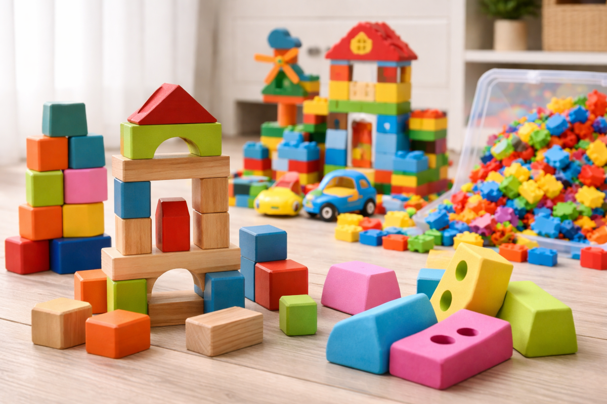 Children’s standard building blocks including wooden blocks, plastic interlocking bricks, foam blocks, and classic brick sets