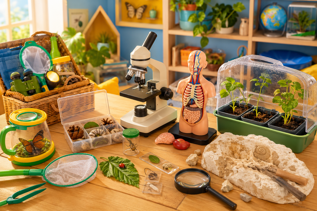 Biology and nature study kits for kids with microscopes, bug catching tools, plant growing activities, anatomy models and fossils