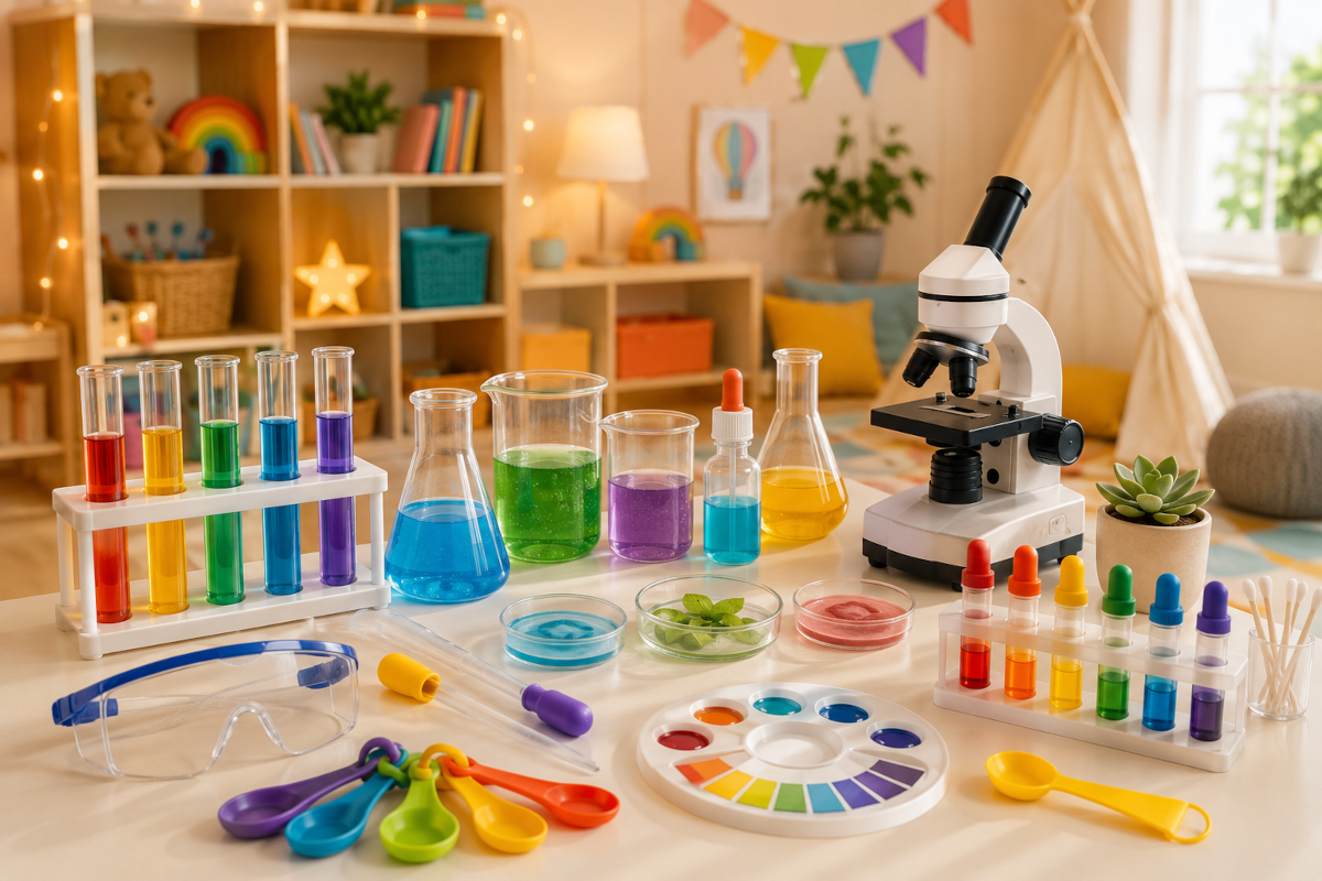 Chemistry and lab exploration kits for kids with test tubes, pH testing tools, microscopes and safe reaction activities