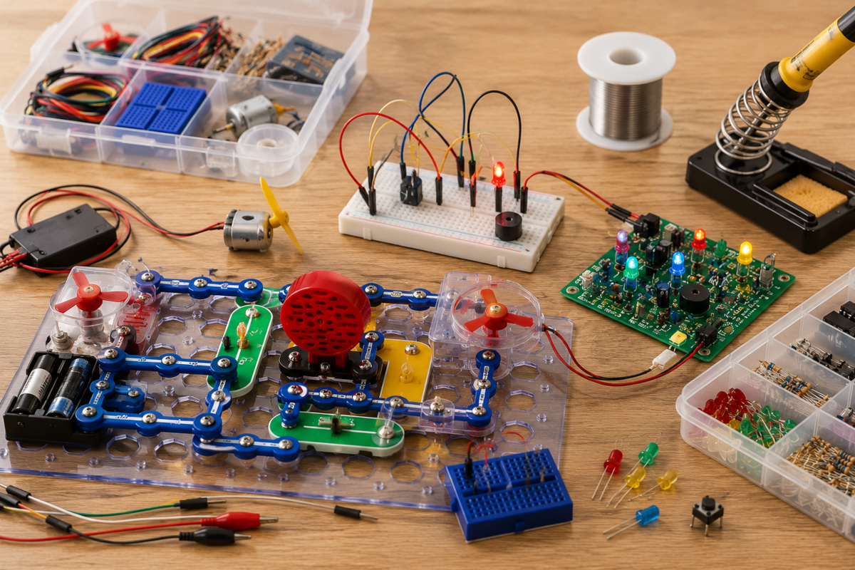 Electronics and circuit building kits for kids with snap circuits, circuit boards, wires, lights and sound components