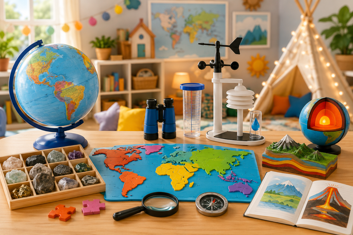 Geography and earth science kits for kids with globes, map puzzles, rocks, minerals, weather tools and world learning activities