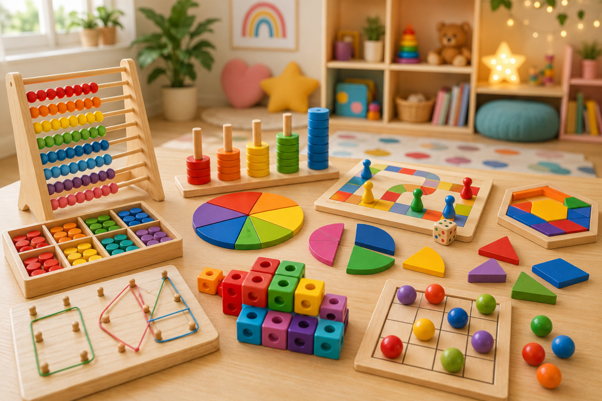 Math learning and logic games for kids with number games, fraction pieces, abacus beads and geometry tools